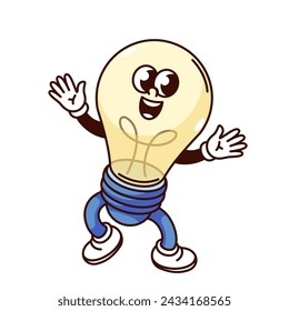 Groovy light bulb cartoon character with happy face. Funny retro cheerful electric lamp greeting, creative idea and inspiration mascot, cartoon bulb sticker of 70s 80s style vector illustration