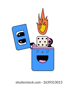 Groovy lighter character. Retro camping mascot. Vector travel illustration isolated