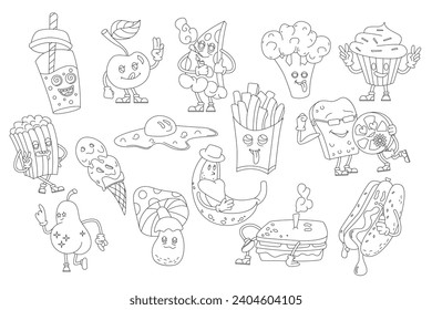 Groovy line food stickers set. Funny crazy characters of breakfast and takeaway fast food collection, comic mascots of mushroom and apple, pizza and sandwich, cupcake in outline vector illustrations