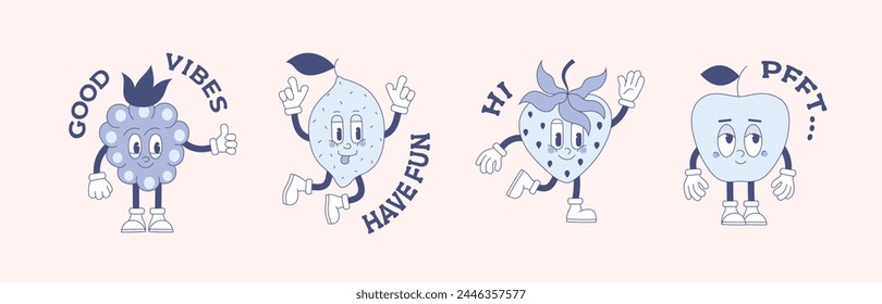 Groovy line monochrome cartoon apple, strawberry, raspberry, lemon. 60s and 70s funky comic characters, text for card, sticker, poster.