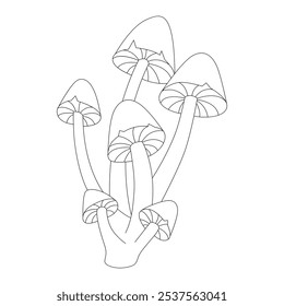 Groovy line psychedelic forest mushrooms, funny toadstools family vector illustration