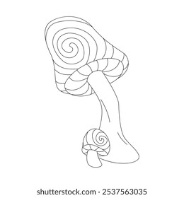 Groovy line psychedelic mushrooms family with spiral magic pattern on caps vector illustration