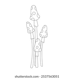 Groovy line psychedelic mushrooms in group, toxic toadstools family vector illustration