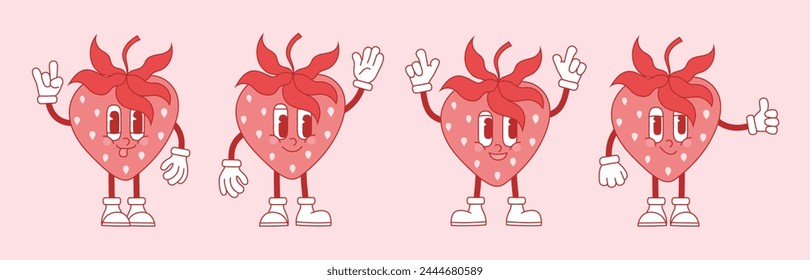 Groovy line red cartoon fruits. Comic mascot of 60s and 70s funky comic strawberry happy smile face, hands and feet.