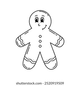 Groovy line vector Christmas Gingerbread man. Hand drawn character in trendy retro style. Merry Christmas and Happy New year