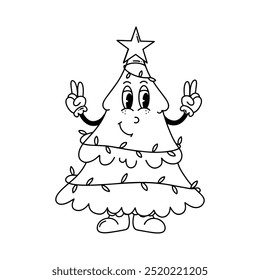 Groovy line vector Christmas tree. Hand drawn 70s 60s 50s character in trendy style. Merry Christmas and Happy New year