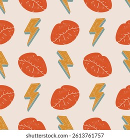 Groovy Lips and Lightning Seamless Pattern Retro Psychedelic 70s Vector Design. Textured illustrations background.