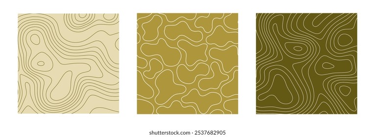 Groovy liquid linear patterns set. Cool organic shapes in lines and contours. Minimalist style abstract art backgrounds. Trendy fluid design elements for cover, poster, banner, label, print, wrapping.