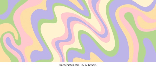 Groovy liquid pattern with pastel pink, yellow, green, and purple waves in abstract psychedelic style. Groovy psychedelic background with soft flowing lines and wavy forms. Ideal for retro prints