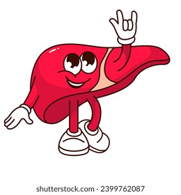 Groovy liver cartoon character with rock horns fingers. Funny healthy internal organ of digestive system, cheerful retro liver cartoon mascot, hepatology sticker of 70s 80s vector illustration