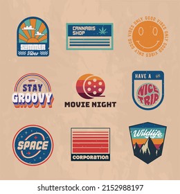 Groovy logo set. 1960s, 1970s Retro logo designs. 9 Vector retro 70's logos set. Retro prints for T-shirt, typography. Vector illustration