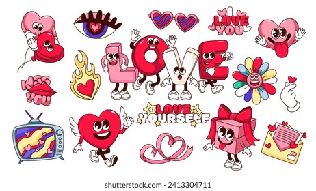 Groovy love cartoon characters and stickers set. Funny retro romantic slogans and cartoon mascots in love, cool funky red heart and flower, eye and hippie TV emoji of 70s 80s vector illustration