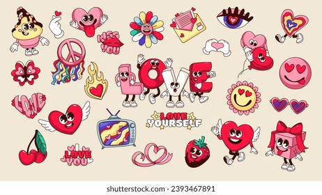 Groovy love emoji set vector illustration. Cartoon isolated retro collection of psychedelic funky characters with arms and legs, cute funny hearts and word Love, romantic stickers with hippie vibe