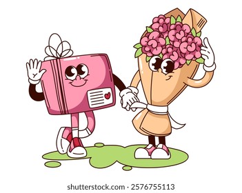 Groovy love gift and bouquet of pink flowers cartoon characters holding hands. Funny retro happy love presents of Valentines day. Romance mascot, cartoon sticker of 70s 80s style vector illustration