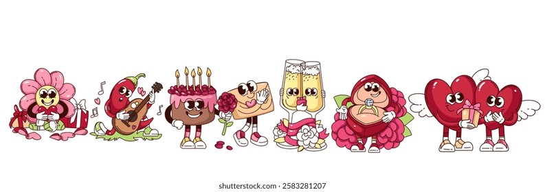 Groovy love gifts cartoon characters set. Funny retro flower giving red heart, couple of champagne glasses, cake. Love mascots, cartoon stickers collection of 70s 80s style vector illustration