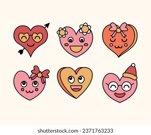 groovy love hearts vector character design stickers icon template set	