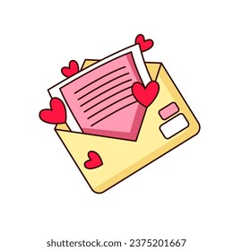 Groovy love letter in open paper envelope vector illustration. Cartoon isolated gift with red hearts for Valentines Day, emoji of romantic happy message, mail wedding invitation or love SMS sticker