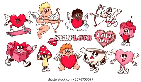 Groovy love and romance cartoon characters set. Funny retro love letter and gift, cupid with wings, arrow and bow, heart mascots. Cartoon typography stickers of 70s 80s style vector illustration