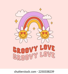 Groovy Love romantic cute illustration with rainbow and smiling flowers on a pastel background. Retro vintage print in style 70s, 80s. Vector illustration