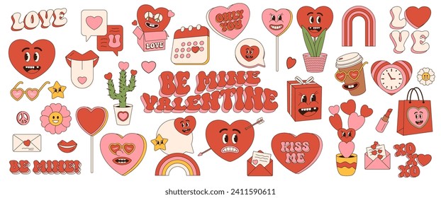 groovy love sticker set. Retro Valentines day sticker. Cartoon groovy romantic elements, holiday hippy characters. Vintage comic cute cupid with love arrow, coffee cup and other. vector set.