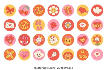 Groovy love stickers set. Retro Happy Valentines day. Fun happy heart, letter, gift, daisy character in trendy vintage 60s 70s cartoon style. 