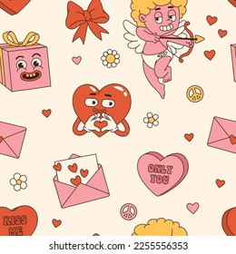 Groovy lovely background. Love concept. Happy Valentines day greeting card. Funky pattern and texture in trendy retro 60s 70s cartoon style. Vector seamless pattern in pink red colors.