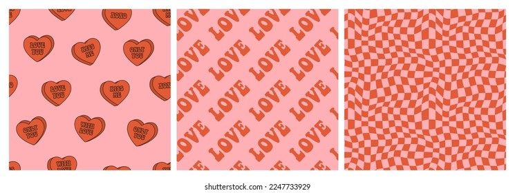 Groovy lovely backgrounds. Love concept. Happy Valentines day greeting card. Funky pattern and texture in trendy retro 60s 70s cartoon style. Vector seamless pattern in pink red colors.