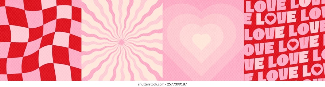 Groovy lovely backgrounds for Valentine's day. Love concept greeting card. Funky pattern and texture in trendy retro 60s 70s cartoon style. Vector illustration in pink red colors with paper texture