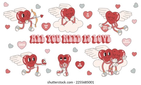 Groovy lovely big set hearts stickers cupid. Love concept. Happy Valentines day. Funky happy heart character in trendy retro 60s 70s cartoon style. Vector illustration in pink red colors.