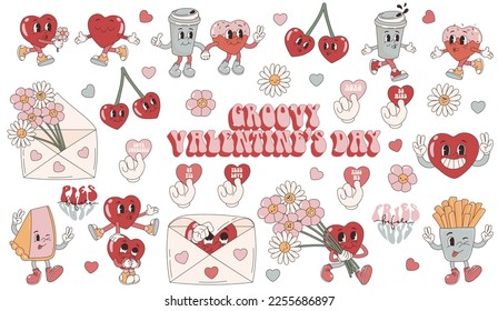 Groovy lovely big set hearts stickers. Love concept. Happy Valentines day. Funky happy heart character in trendy retro 60s 70s cartoon style. Vector illustration in pink red colors.	
