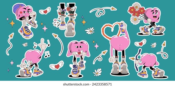 Groovy lovely big set hearts stickers. Love concept. Happy Valentines day. Funky happy heart character in trendy retro 90s cartoon style. Vector illustration in pink red colors	