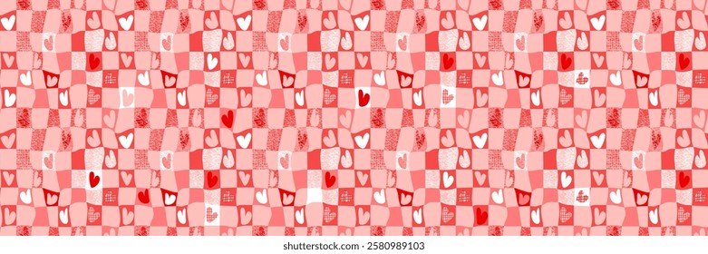 Groovy lovely card, poster, rectangular background, texture pattern. Love concept. Happy Valentine`s day. Trendy retro 60s 70s cartoon style. Pink, red, white colors. Colorful vector illustration.