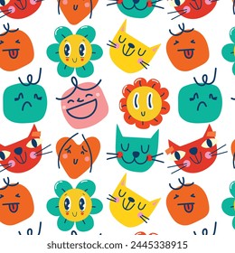 Groovy lovely funny faces seamless pattern. Love concept. Happy Valentines day. Funky happy faces character in trendy retro 60s 70s cartoon style. Vector illustration