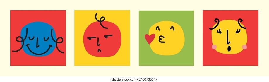Groovy lovely funny faces stickers. Love concept. Happy Valentines day. Funky happy heart character in trendy retro 60s 70s cartoon style. Vector illustration