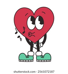 Groovy lovely heart. Cheerful happy heart character whistling a melody in a trendy retro style. Vector illustration