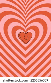 Groovy lovely heart poster. Love concept. Happy Valentines day greeting card. Funky background in trendy retro 60s 70s cartoon style. Vector illustration in pink red colors.