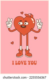 Groovy lovely heart poster. Love concept. Happy Valentines day greeting card. Funky background in trendy retro 60s 70s cartoon style. Vector illustration in pink red colors.