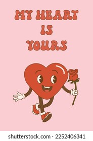 Groovy lovely heart retro poster. Groovy retro heart. Hippie happy heart in retro cartoon style.Valentines Day. Vintage heart. Vector illustration