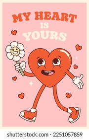Groovy lovely heart retro postert. Love concept. Happy Valentines Day. Trendy retro 60s 70s cartoon style. Card, postcard, print.