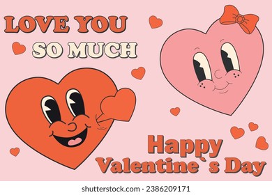 Groovy lovely heart template poster.  Love concept. Happy Valentines day. Comic happy heart character in trendy retro 60s 70s cartoon style. 