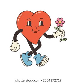Groovy lovely heart. Trendy groovy Valentines day illustration. Retro 60s 70s cartoon style