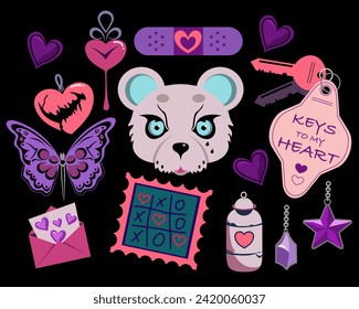 Groovy lovely hearts big stickers for St. Valentine's Day. Vibrant psychedelic valentines. Set of nostalgic neon pop art sticker. Romantic elements, love envelope, hearts, love, gifts. 