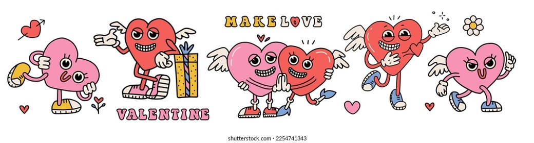 Los adorables y groovy personajes del corazón se ponen. Concepto de amor. Feliz día de San Valentín mascota. Funky corazón feliz en el moderno estilo de dibujos animados retro de los años 70. Ilustración vectorial plana en colores rojos rosados.