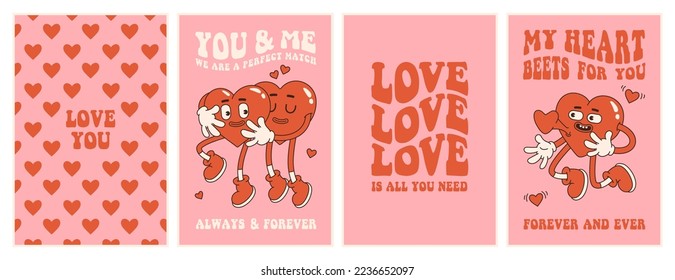 Groovy lovely hearts posters. Love concept. Happy Valentines day greeting card. Funky background in trendy retro 60s 70s cartoon style. Vector illustration in pink red colors.