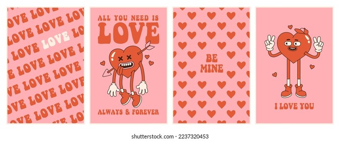 Groovy lovely hearts posters. Love concept. Happy Valentines day greeting card. Funky background in trendy retro 60s 70s cartoon style. Vector illustration in pink red colors.