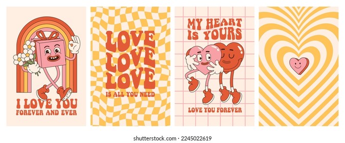 Groovy lovely hearts posters. Love concept. Happy Valentines day greeting card. Funky background in trendy retro 60s 70s cartoon style. Vector illustration in pink red colors.