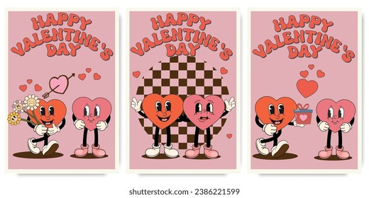 Groovy lovely hearts posters with love character . Love concept. Happy Valentines day greeting card. Funky background in trendy retro 60s 70s cartoon style. Vector illustration