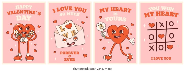 Groovy lovely hearts retro posters set. Love concept. Happy Valentines Day.  Trendy retro 60s 70s cartoon style. Card, postcard, print.