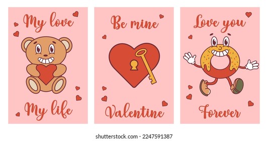 Groovy lovely hearts retro posters set. Love concept. Happy Valentines Day. Trendy retro 60s 70s cartoon style. Card, postcard, print.