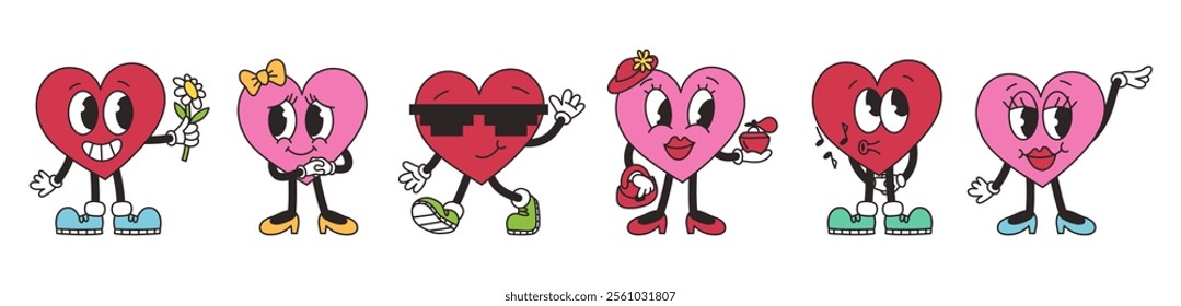 Groovy lovely hearts set. Love concept. Happy Valentines Day. Cheerful happy heart character in trendy retro style. Vector illustration